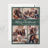 Modern Script Groen 5 Fotocollage Kerstmis Briefkaart (Voorkant / Achterkant)