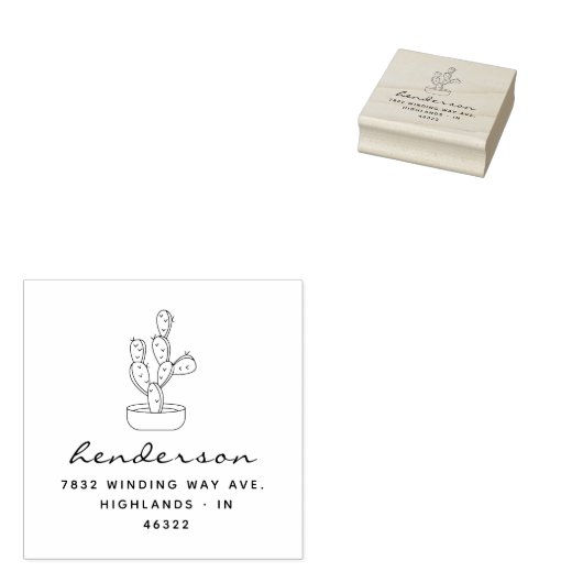 Modern Script Handgetekende Cactus Retouradres Rubberstempel (Gestempeld)