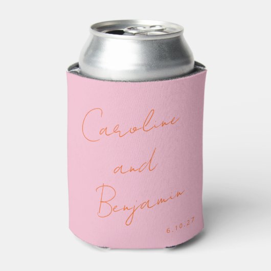 Modern Script Handschrift Bruiloft Roze en Sinaasa Blikjeskoeler (Blikje Voorkant)