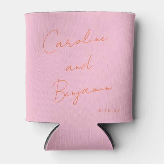 Modern Script Handschrift Bruiloft Roze en Sinaasa Blikjeskoeler (Voorkant)