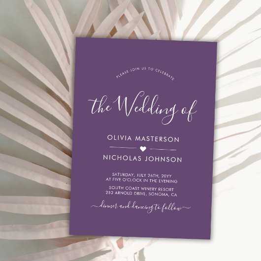 Modern Script Hart Paarse QR Code Foto Bruiloft Kaart