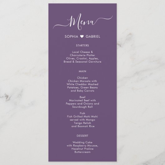Modern Script Heart Mauve Paarse bruiloft Menu Kaa (Voorkant)