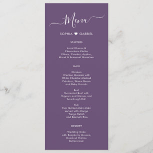 Modern Script Heart Mauve Paarse bruiloft Menu Kaa