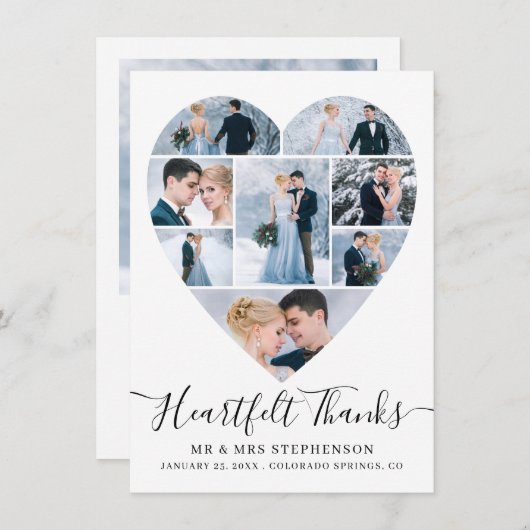 Modern Script Heart Photo Collage Wedding Bedankkaart (Voorkant / Achterkant)