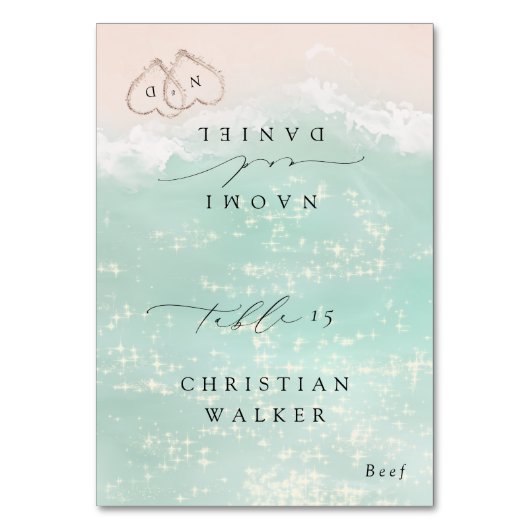 Modern Script Hearts Beach Opvouwbare Place Card Kaart (Voorkant)