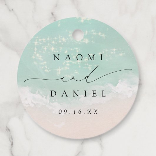 Modern Script Hearts in het zand Beach Wedding Bedankjes Labels (Achterkant)