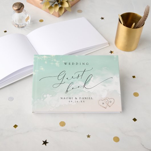 Modern Script Hearts In The Sand Beach Wedding Gastenboek (Voorkant open)