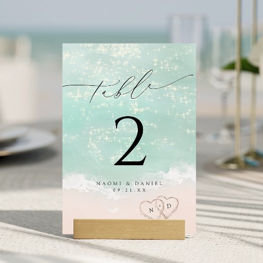 Modern Script Hearts In The Sand Beach Wedding Kaart