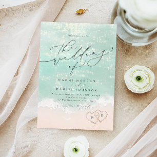 Modern Script Hearts In The Sand Beach Wedding Kaart