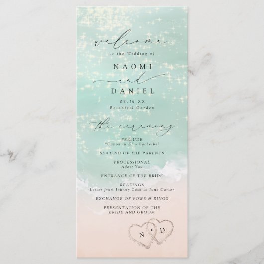 Modern Script Hearts In The Sand Beach Wedding Programma (Voorkant)