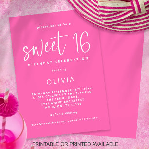 Modern Script Hot Pink Sweet 16 Verjaardagsfeest Kaart