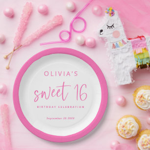 Modern Script Hot Pink Sweet 16 Verjaardagsfeest Papieren Bordje