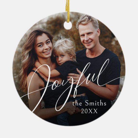 Modern Script Joyful Christmas Family Photo Keramisch Ornament (Achterkant)