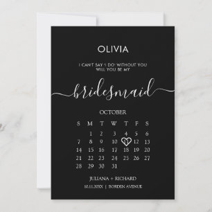 Modern Script Kalender bruidsmeisje Zwart Voorstel Kaart