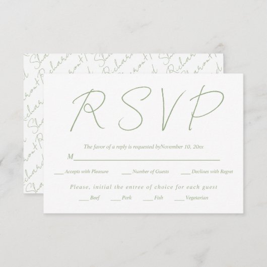 Modern script kalligrafie basis groene bruiloft RSVP kaartje (Voorkant / Achterkant)