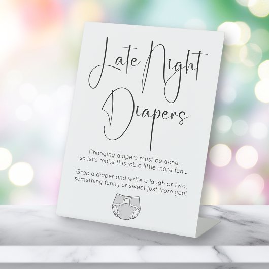 Modern Script Late Night Luiers Baby shower Reclamebord Met Voetstuk