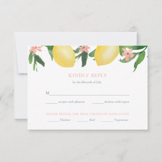 Modern Script Lemons Bruiloft Voedsel Opties RSVP Kaartje (Achterkant)