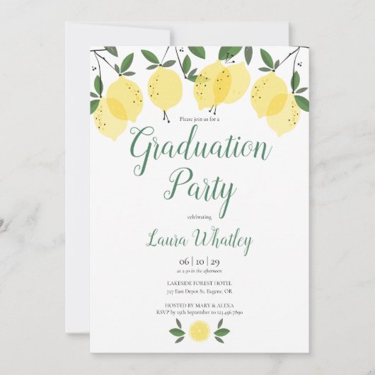 Modern Script Lemons Greenery Graduation Party Kaart (Voorkant)