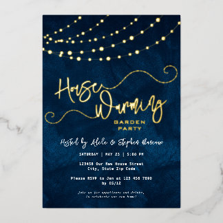 Modern Script Light String Housewarming Party Goud Folie Uitnodiging