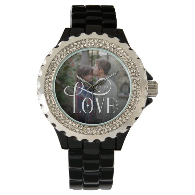 Modern Script Love Custom Engaged Couples Photo Horloge (Voorkant)