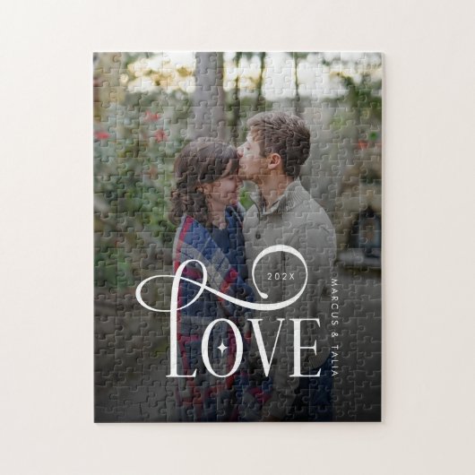 Modern Script Love Custom Engaged Couples Photo Legpuzzel (Verticaal)