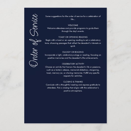 Modern Script Marine Blauw & Wit Begrafenis / Memo Programma (Achterkant)
