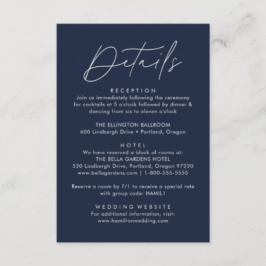 Modern Script Marine bruiloft details Informatiekaartje (Voorkant)