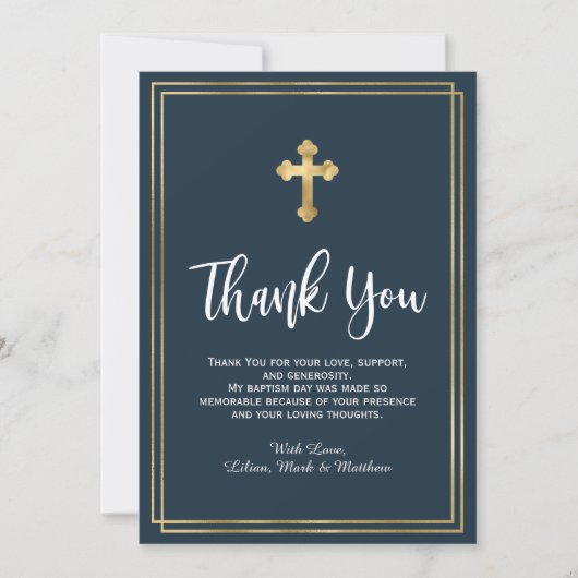 Modern Script Marine en Goud Blauw Doop Bedankkaart (Voorkant)