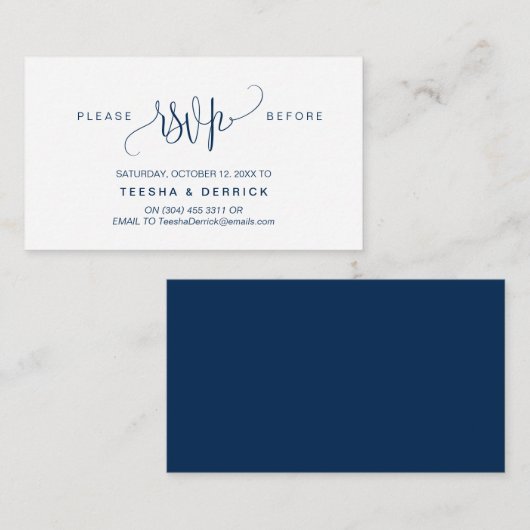 Modern script, marineblauw, feestviering RSVP Informatiekaartje (Voorkant / Achterkant)