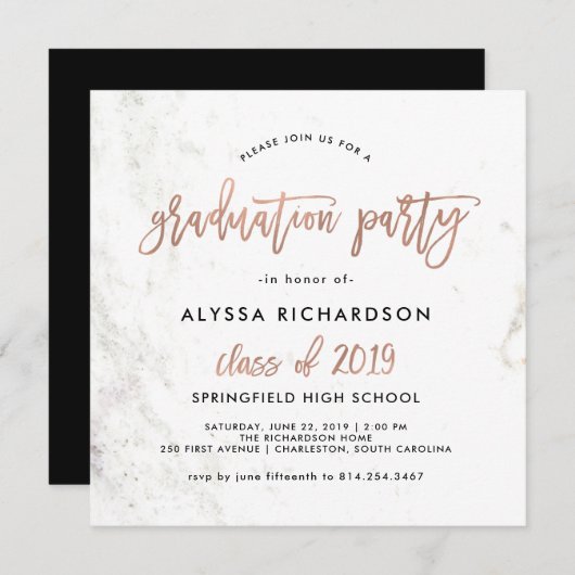 Modern script | Marmeren Graduation Party Roos Gol Kaart (Voorkant / Achterkant)