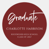Modern Script Maroon White Afstuderen Ronde Sticker (Voorkant)