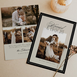 Modern Script Married & Bright Kerst 4 foto's Feestdagenkaart