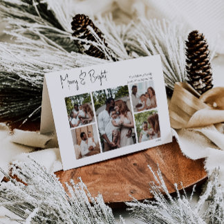 Modern script Merry & Bright Folded Five-Photo Feestdagen Kaart