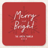Modern Script Merry & Bright Snowflakes Christmas Vierkante Kartonnen Onderzetter (Voorkant)