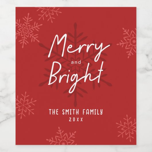 Modern Script Merry & Bright Snowflakes Christmas Wijn Etiket (Enkel label)