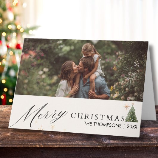 Modern Script Merry Christmas Family Photo Custom Kaart
