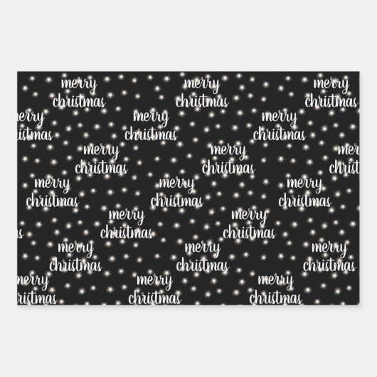 Modern Script MERRY CHRISTMAS Lights Zwart Goud Inpakpapier Vel (Voorkant 3)