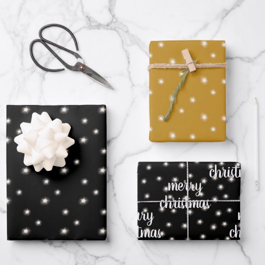 Modern Script MERRY CHRISTMAS Lights Zwart Goud Inpakpapier Vel (Voorkant)