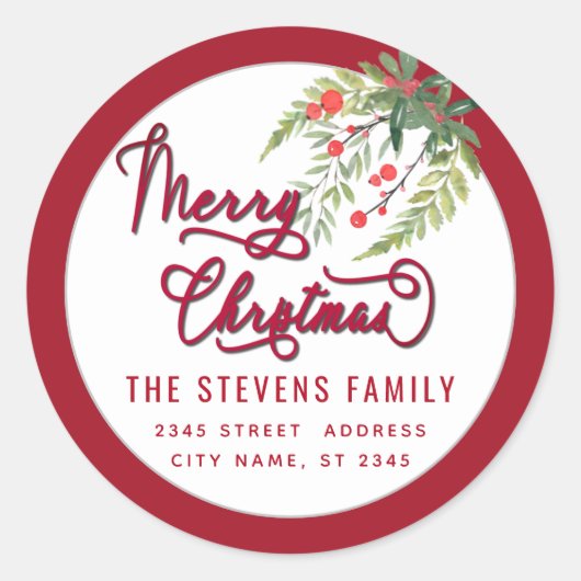 Modern script Merry Christmas rood holly Label (Voorkant)