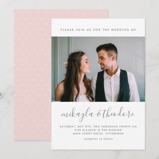 Modern Script met Stippen en Photo Blush Wedding Kaart (Voorkant / Achterkant)