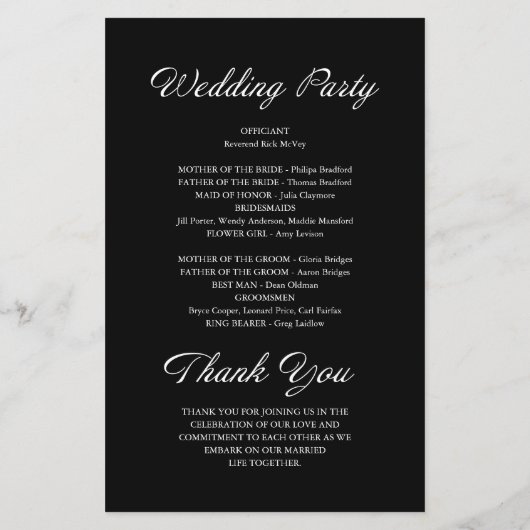 Modern Script minimalistisch zwart huwelijksprogra (Achterkant)
