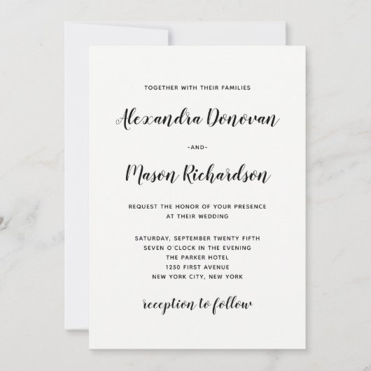 Modern script | Minimalistische zwart-wit bruiloft Kaart (Voorkant)