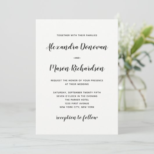Modern script | Minimalistische zwart-wit bruiloft Kaart (Staand voorkant)