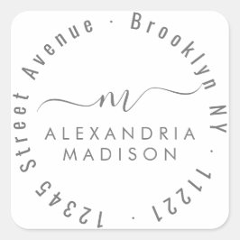 Modern Script Monogram Adres Zilver Grijs Vierkante Sticker