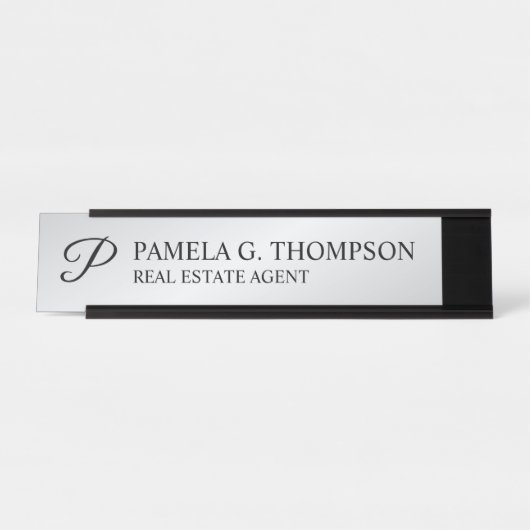 Modern Script Monogram Black en Silver Bureau Naambordje (Voorkant)