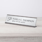 Modern Script Monogram Black en Silver Bureau Naambordje (Voorkant)