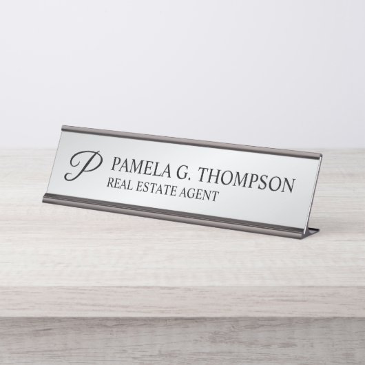 Modern Script Monogram Black en Silver Bureau Naambordje (Voorkant)