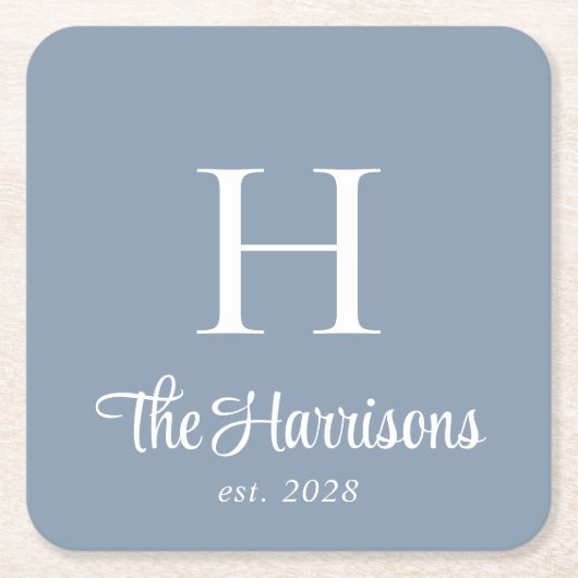 Modern Script Monogram Dusty Blue Vierkante Kartonnen Onderzetter (Voorkant)