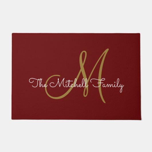 Modern Script Monogram Familienaam Burgundy Deurmat (Voorkant)