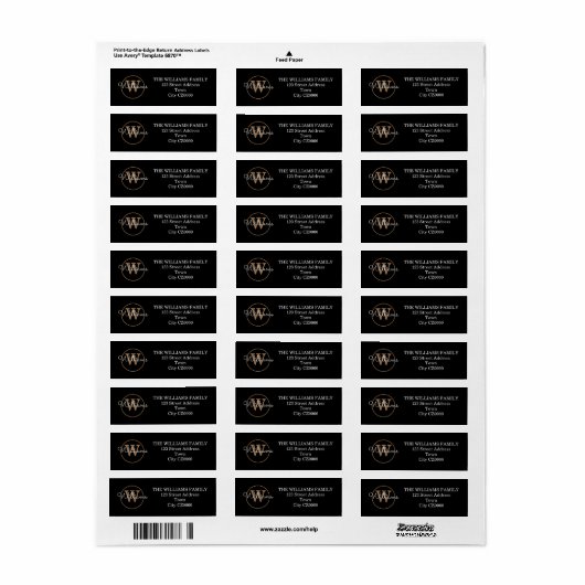Modern Script Monogram Zwart Wit Goud Adres Etiket (Full Sheet)